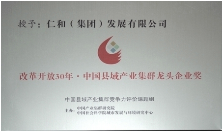 仁和集團(tuán)榮獲“改革開放30年?中國(guó)縣域產(chǎn)業(yè)集群龍頭企業(yè)獎(jiǎng)”